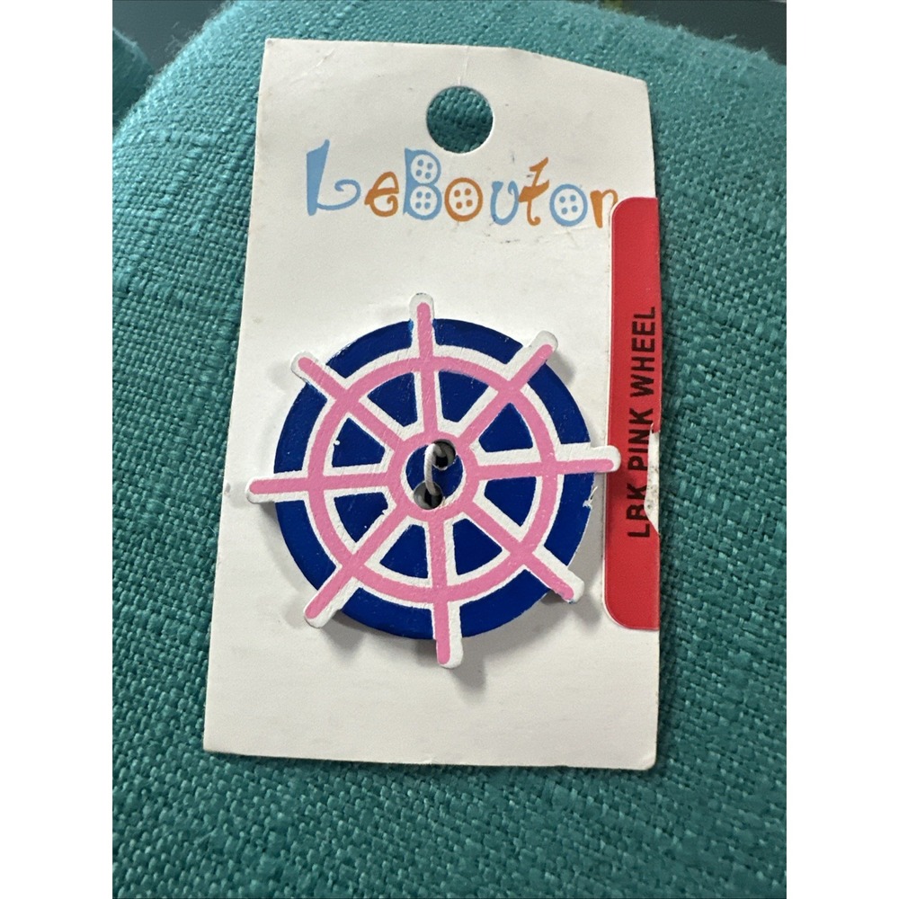 LeBouton Ships Wheel Button 1 1/4 " Sewing Crafting 2 Hole Wood Pink And Blue